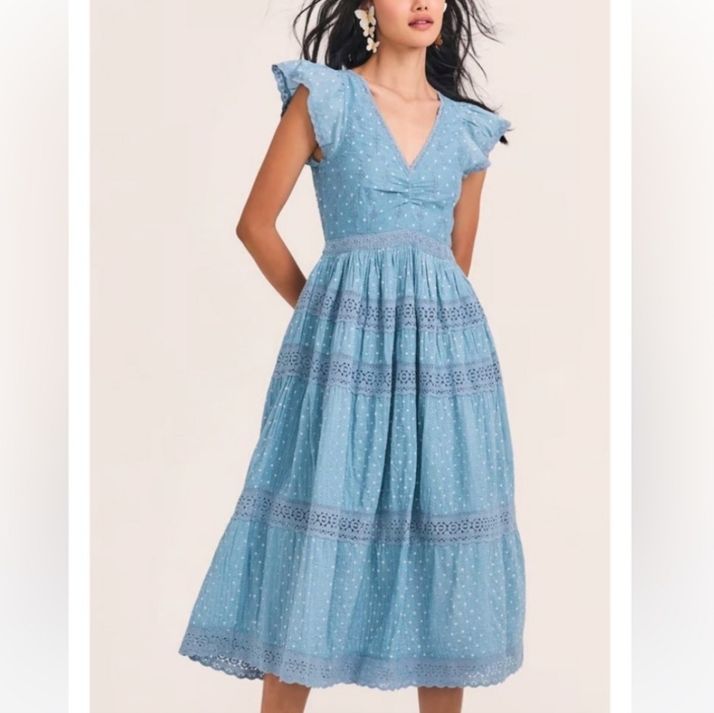 Loveshackfancy Abena Crochet Lace Embroidered Polka Dots Midi Dress Sz8